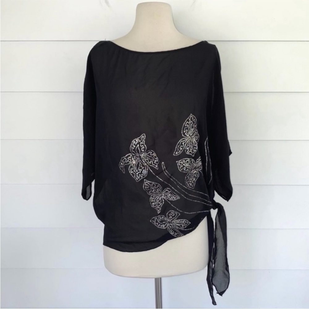 VTG Semi Sheer Sparkly Floral Knot Side Top Black